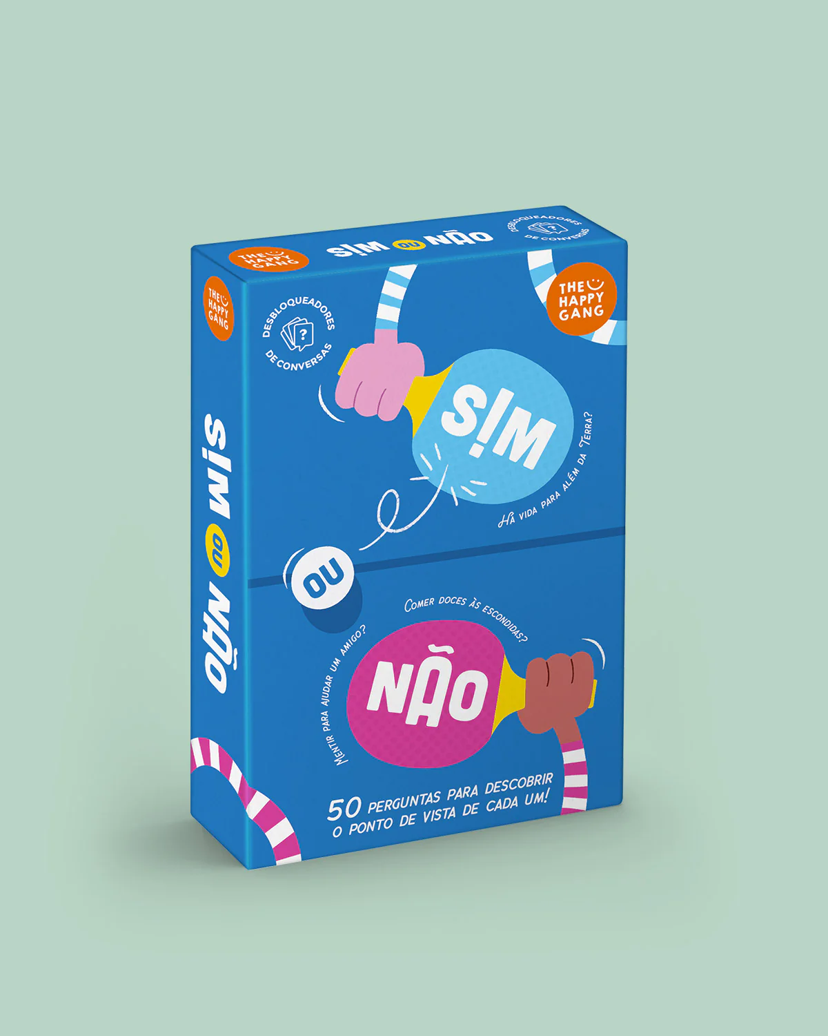 Caixa azul de jogo SIM ou NÃO com ilustrações e texto em português