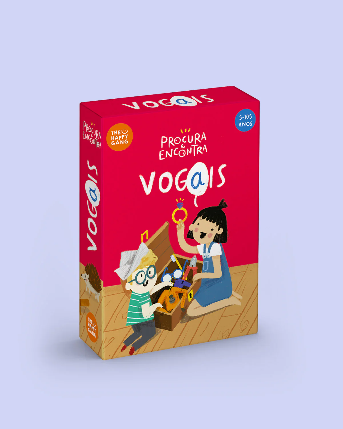 Jogo infantil Procura e Encontra Vogais em caixa vermelha com crianças ilustradas