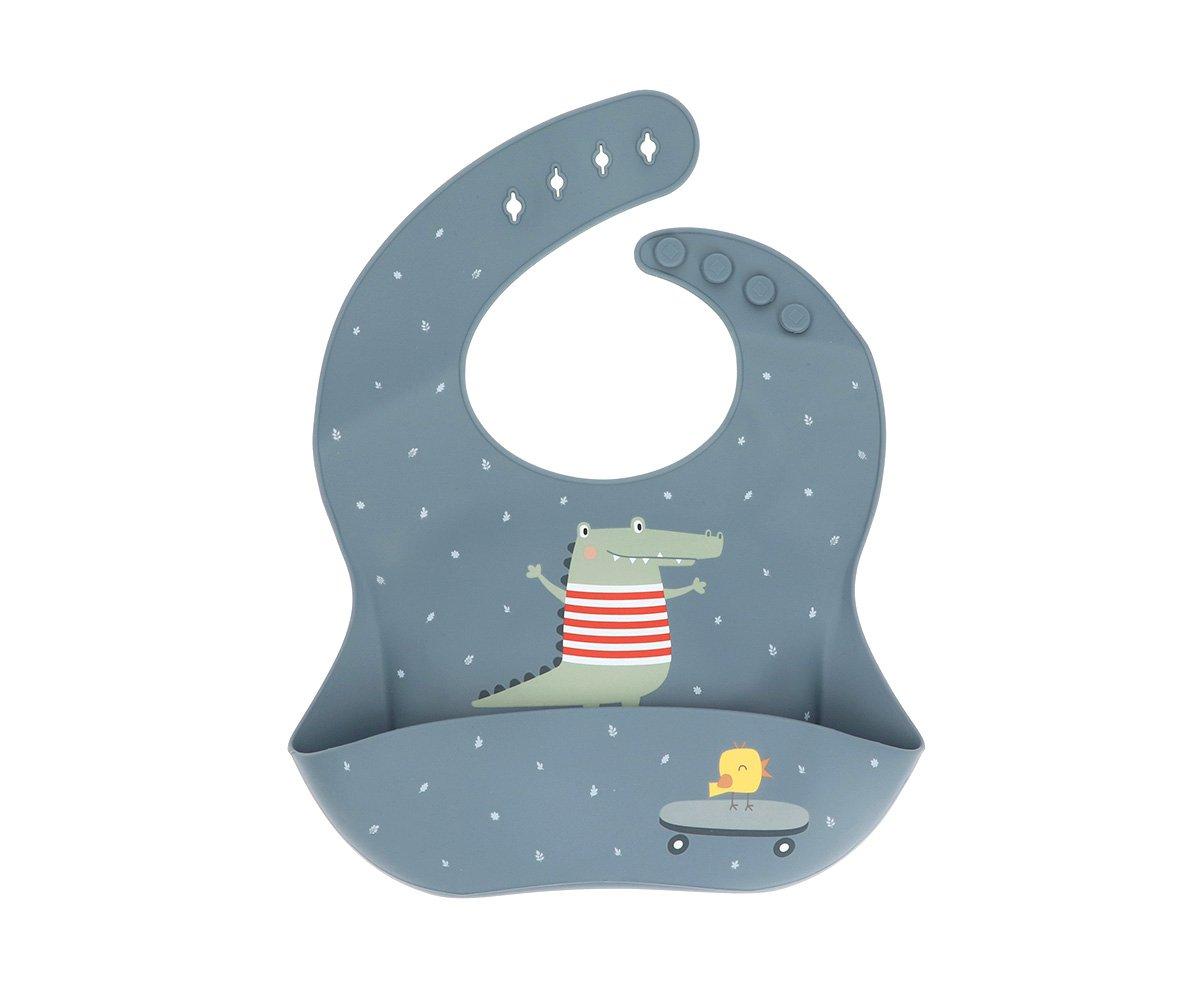 Babete de silicone azul com crocodilo e pato em patinete