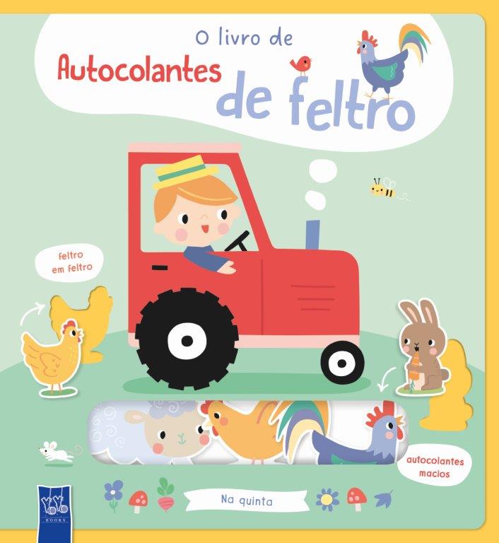 Capa de livro infantil com trator vermelho e animais da quinta, texto 'o livro de Autocolantes de feltro'.