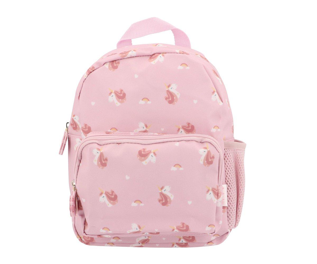 Mochila infantil rosa com padrão de unicórnios e pequenos arcos-íris