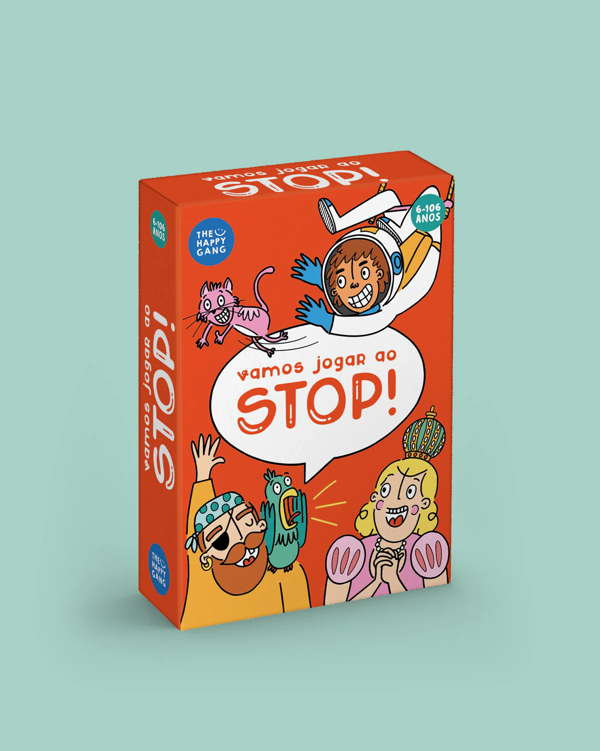Caixa de jogo 'vamos jogar ao STOP!' com personagens animados coloridos e fundo vermelho