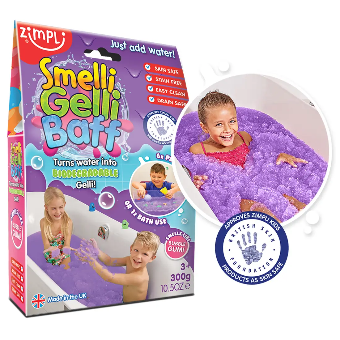 Embalagem colorida do Smelli Gelli Baff com imagens de crianças a brincar com gel roxo na banheira