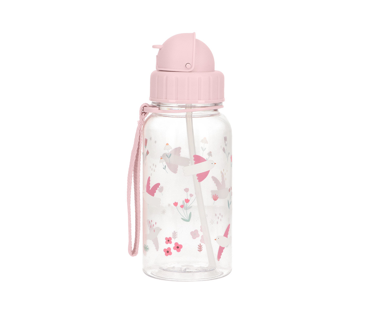 Garrafa plástica com tampa rosa e padrão de pássaros e flores