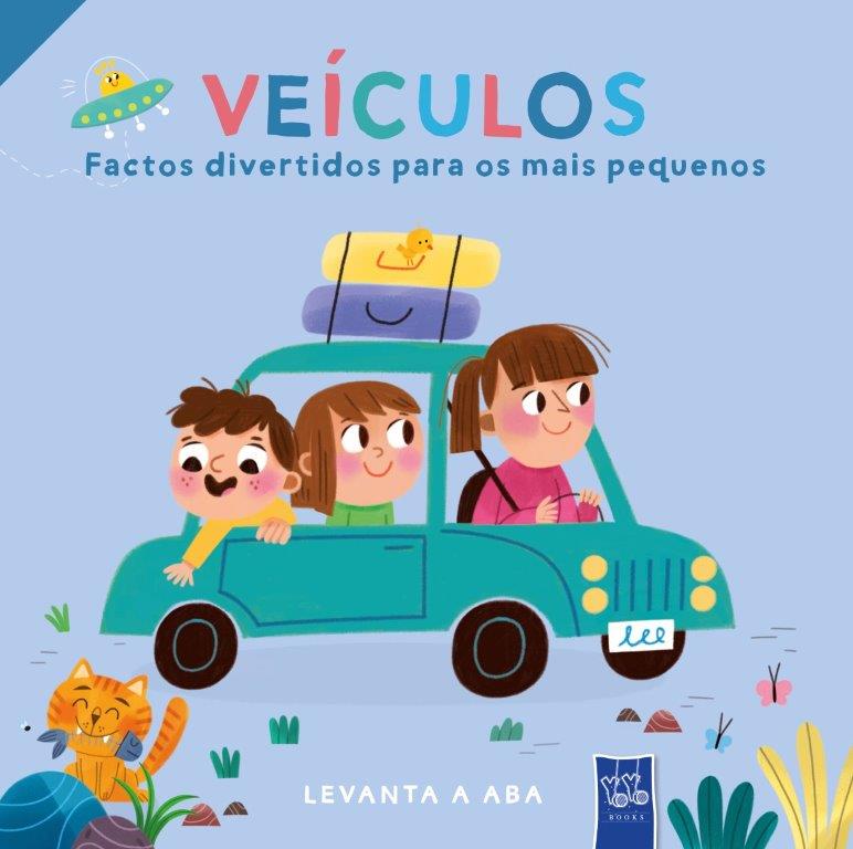 Capa de livro infantil com crianças num carro azul e gato com peixe