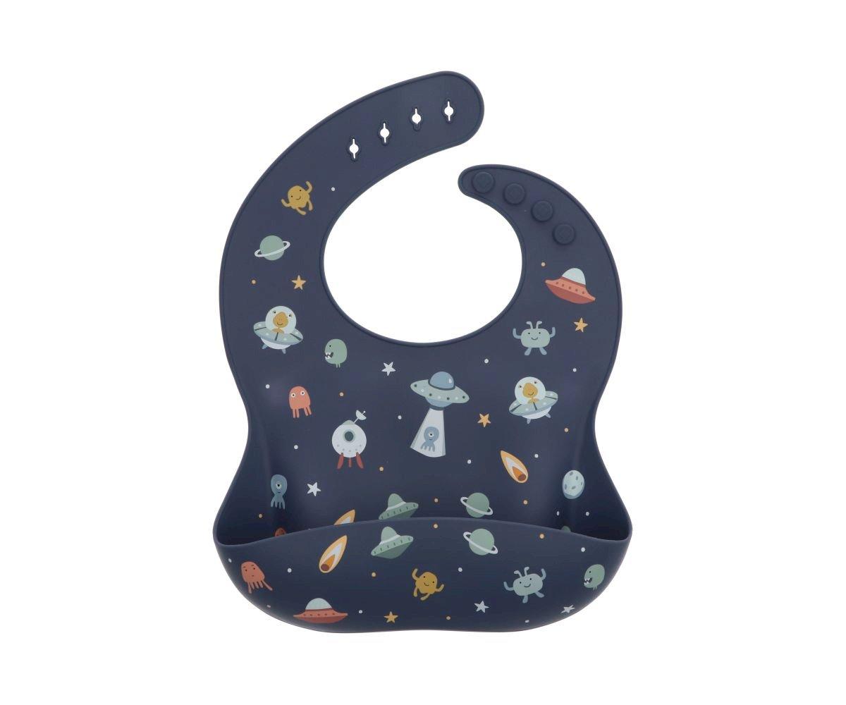 Babete de silicone azul escuro com padrão espacial e bolso recolhedor