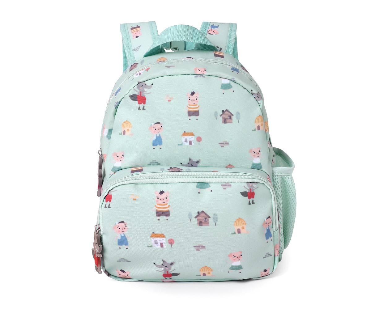 Mochila infantil verde claro com padrão de desenhos de porquinhos e vacas