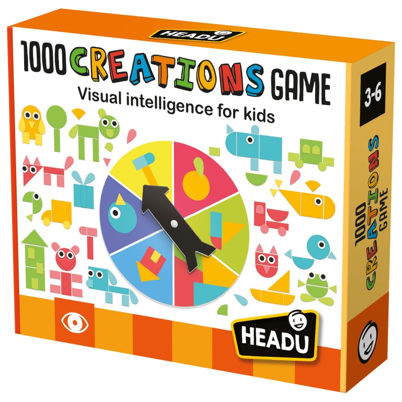 Caixa do jogo 1000 Creations Game colorida com roda giratória e formas geométricas
