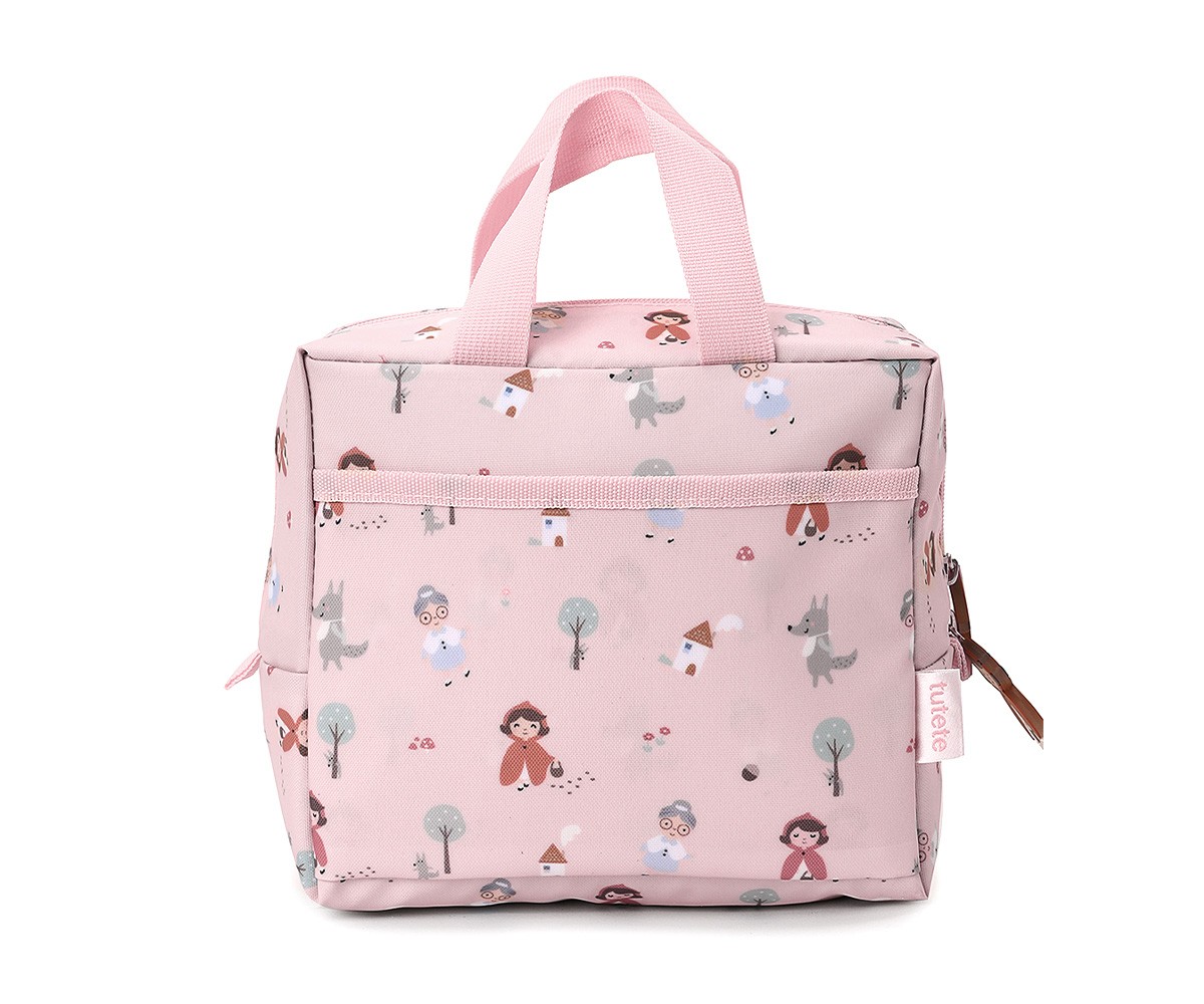 Bolsa quadrada rosa com padrão colorido e alça superior