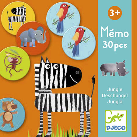 Jogo de memória infantil com peças ilustradas de animais da selva e embalagem azul e laranja.