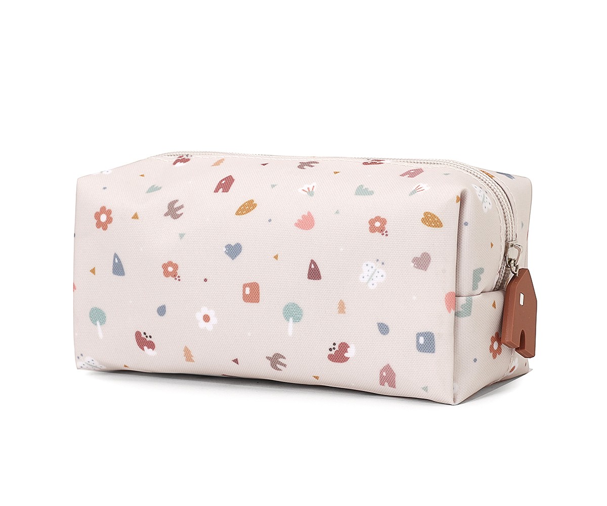 Estojo retangular creme com padrão colorido e zíper castanho
