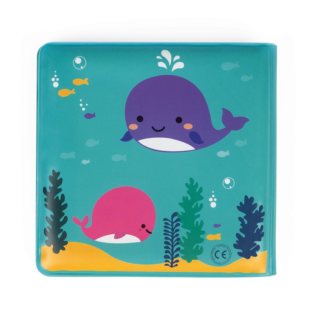 Prato quadrado infantil azul turquesa com ilustrações coloridas de baleias e peixes