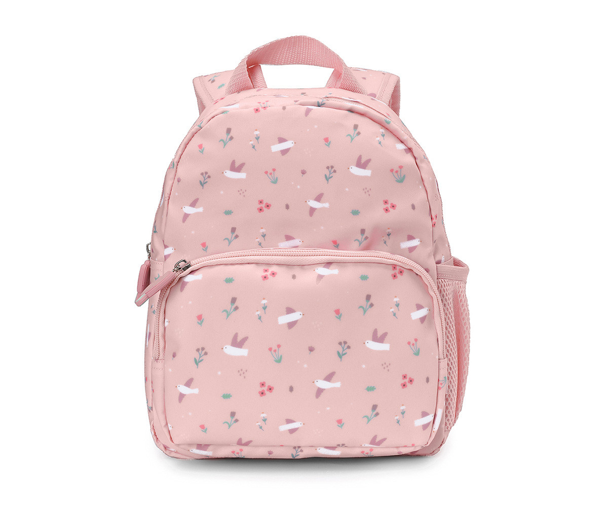Mochila infantil rosa com padrão de pássaros e flores