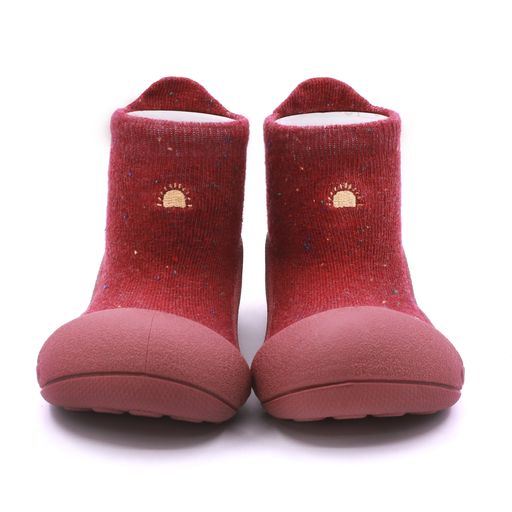 Botas de bebé vermelhas com sola rosa e bordado de sol