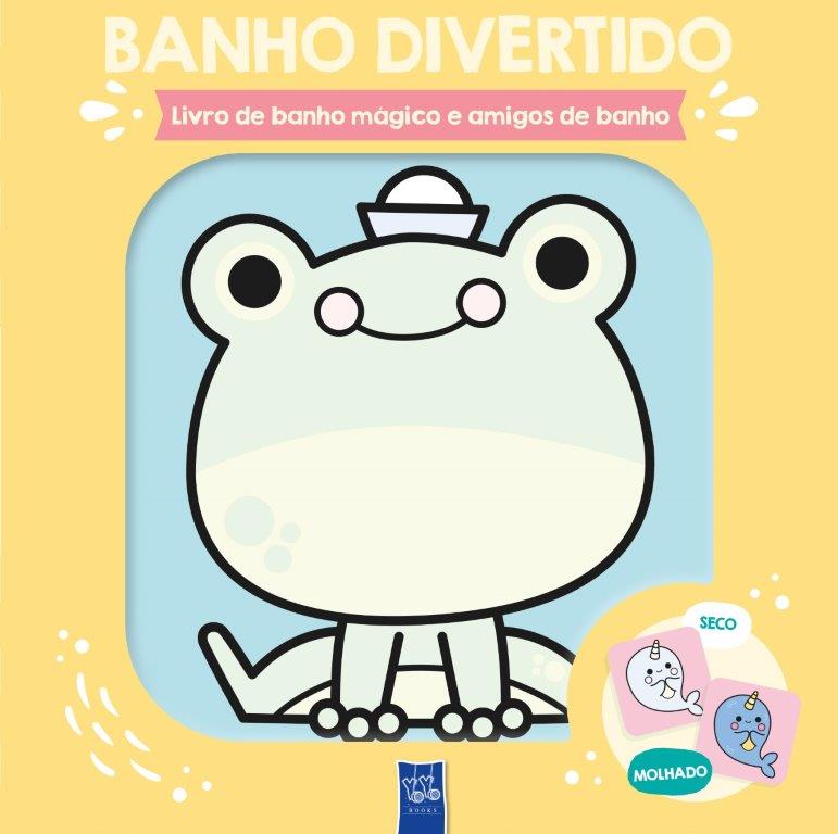 Capa de livro infantil com desenho de rã e texto em português Banho Divertido.