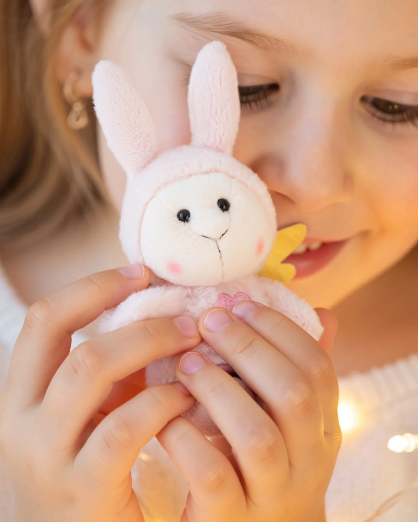 Menina a segurar um peluche cor-de-rosa com forma de coelho