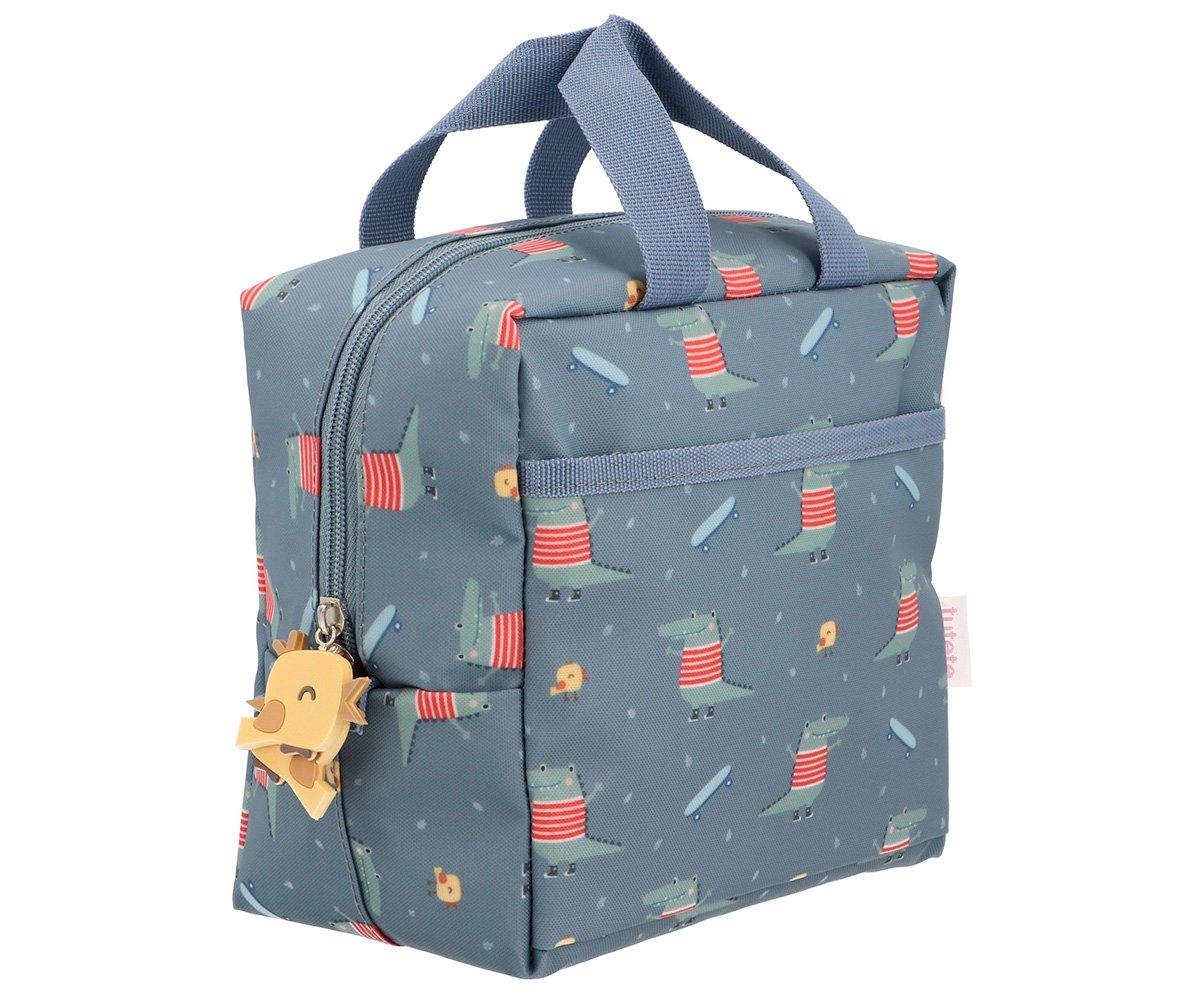 Bolsa térmica azul com padrão de peixes e alças de mão azuis