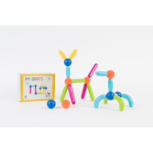 Brinquedo de construção IMBIBARS colorido com peças magnéticas e caixa