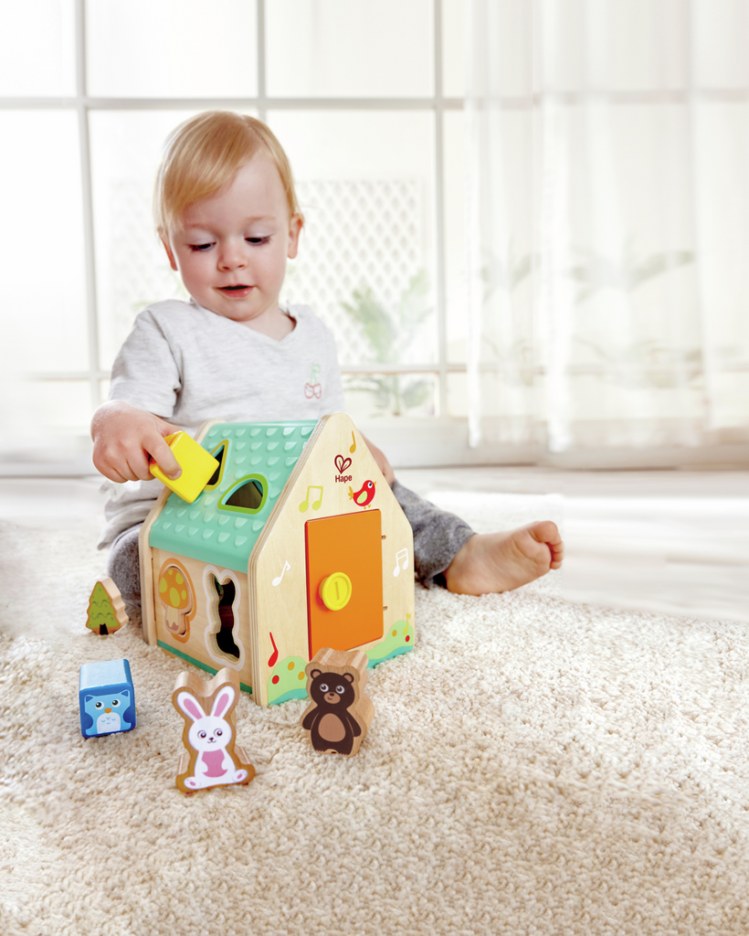 Criança a brincar com casinha de madeira e figuras de animais coloridas num tapete claro