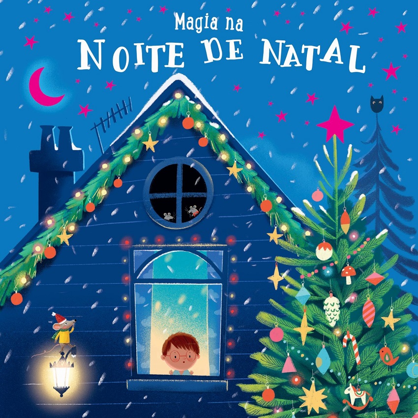 Ilustração de casa azul decorada para Natal com texto 'Magia na NOITE DE NATAL'