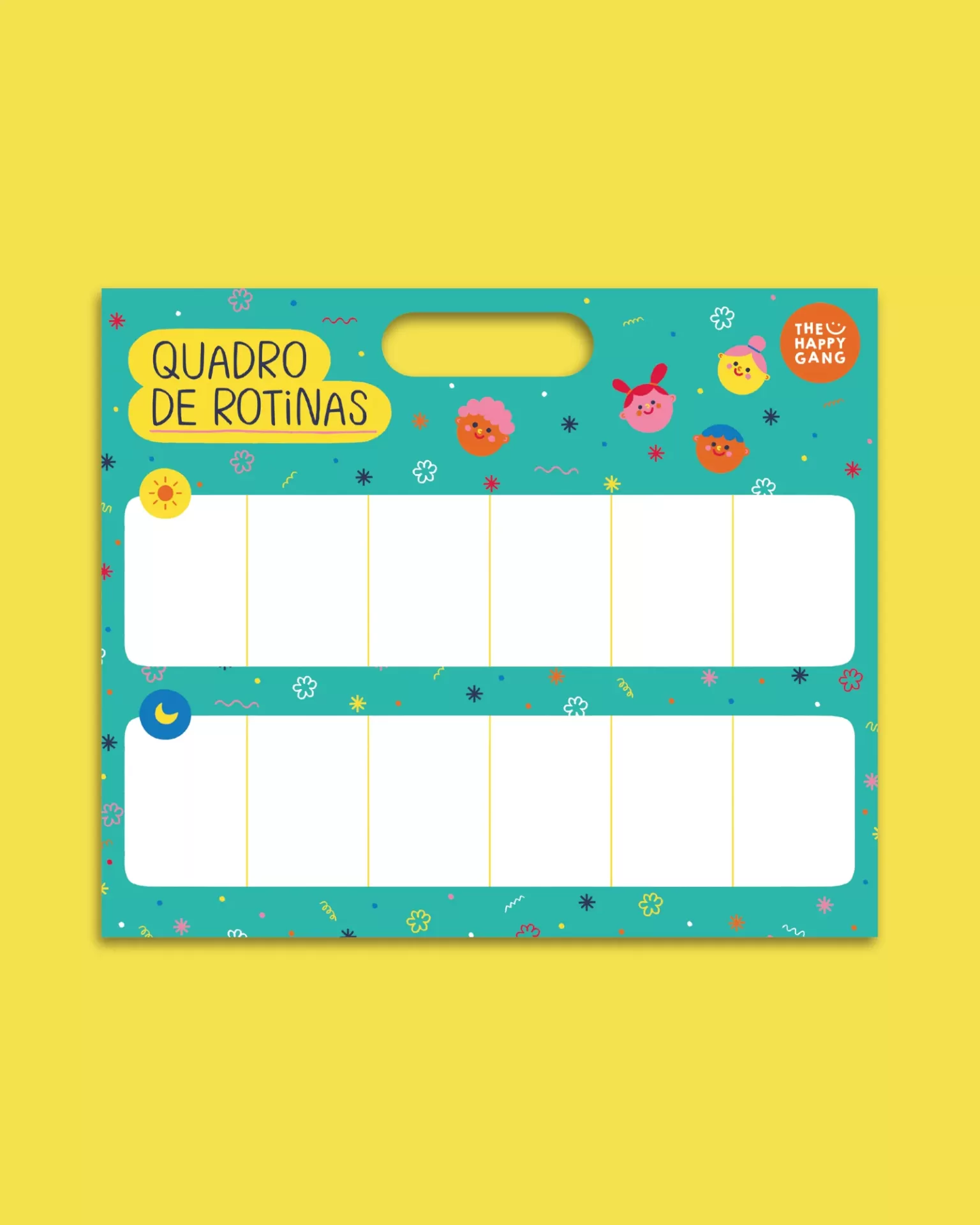 Quadro de rotinas colorido com carinhas sorridentes e espaços para manhã e noite.