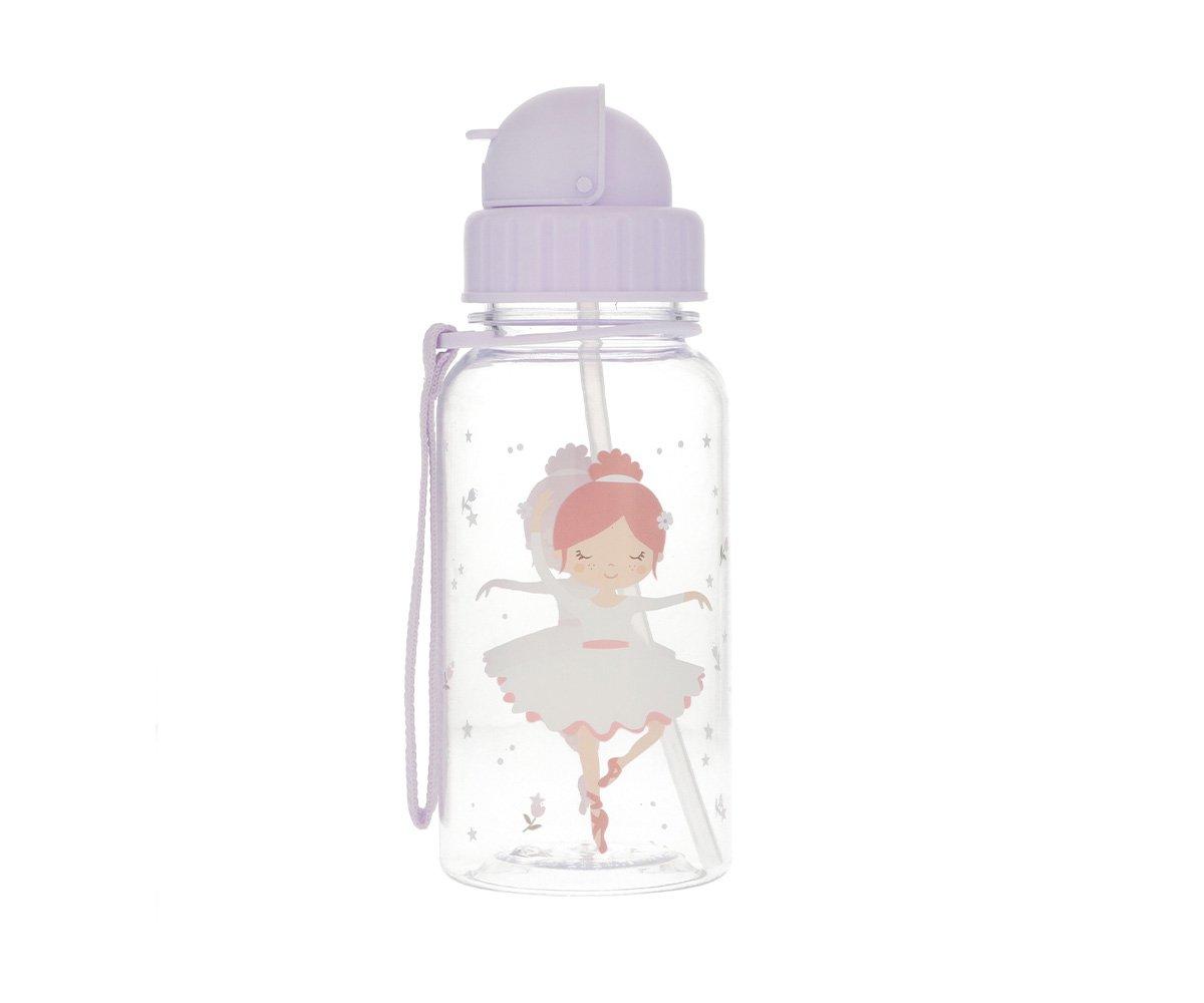 Garrafa de plástico transparente com tampa lilás e ilustração de bailarina