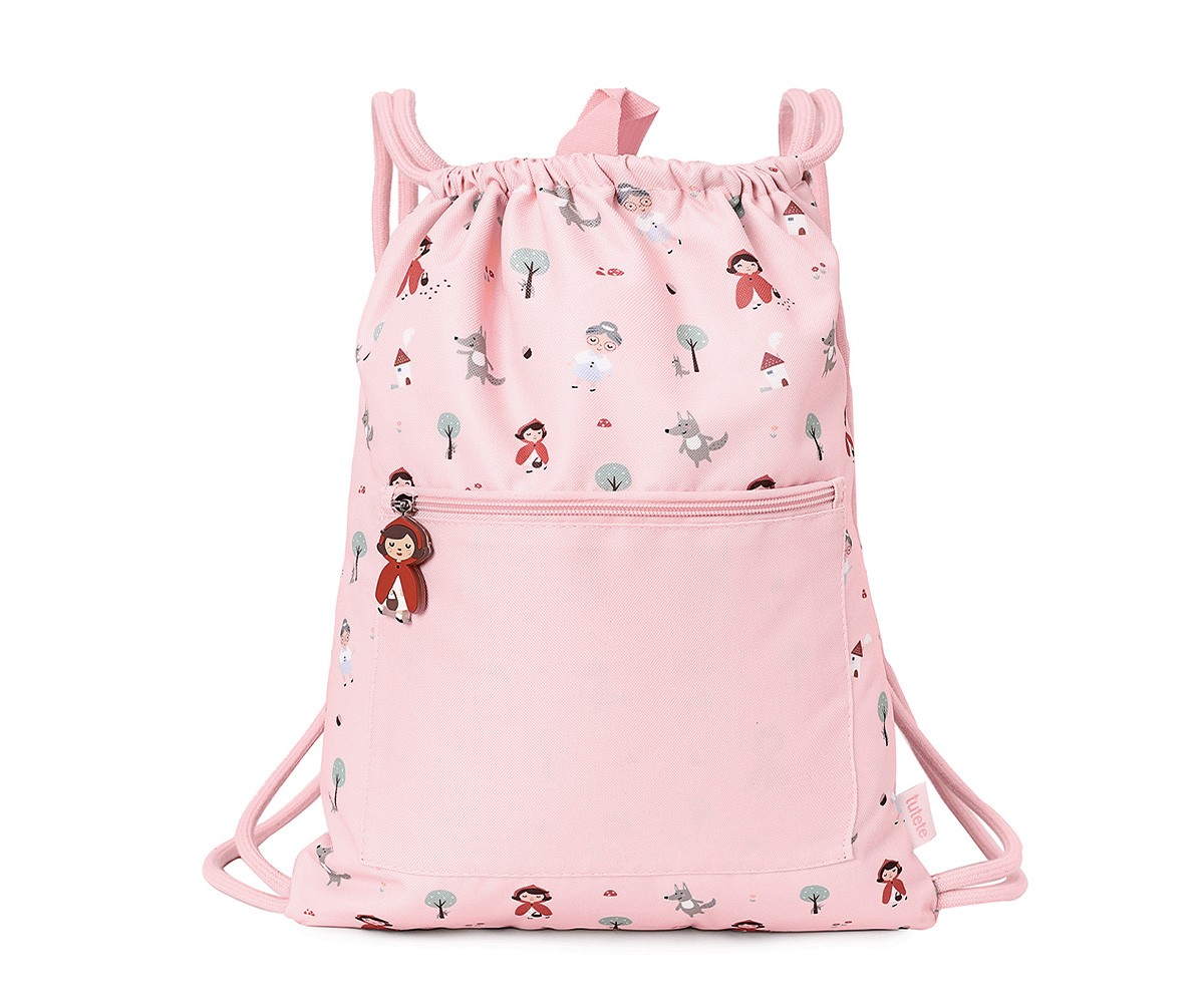 Mochila saco rosa com padrão infantil, bolso frontal e pendente ursinho