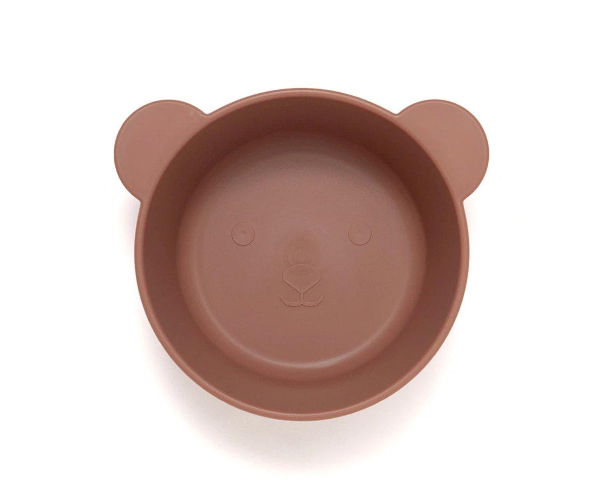 Tigela de silicone castanha em forma de urso com detalhes em relevo