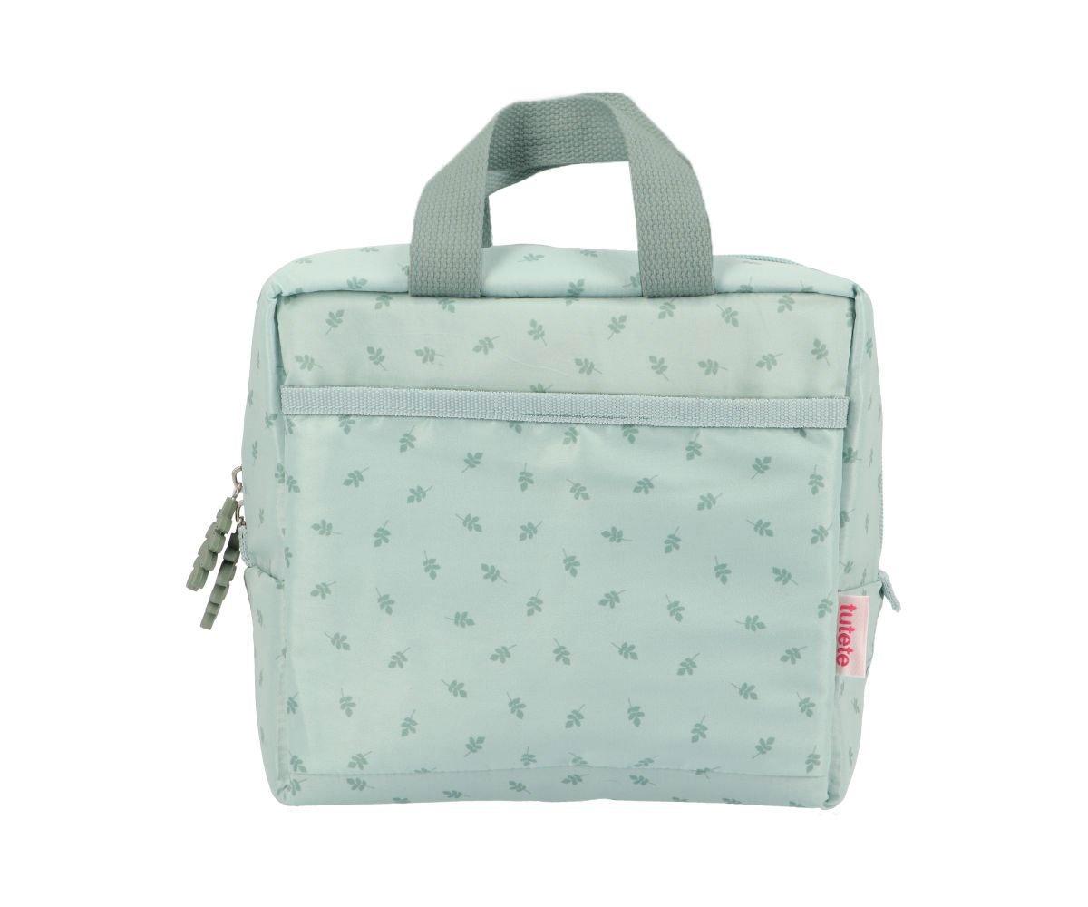 Bolsa azul clara com padrão folhas verdes e alças cinza