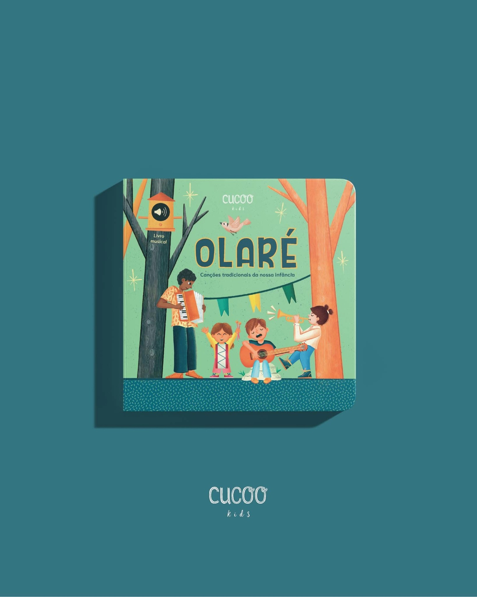 Livro infantil Olare com ilustração de crianças a tocar instrumentos