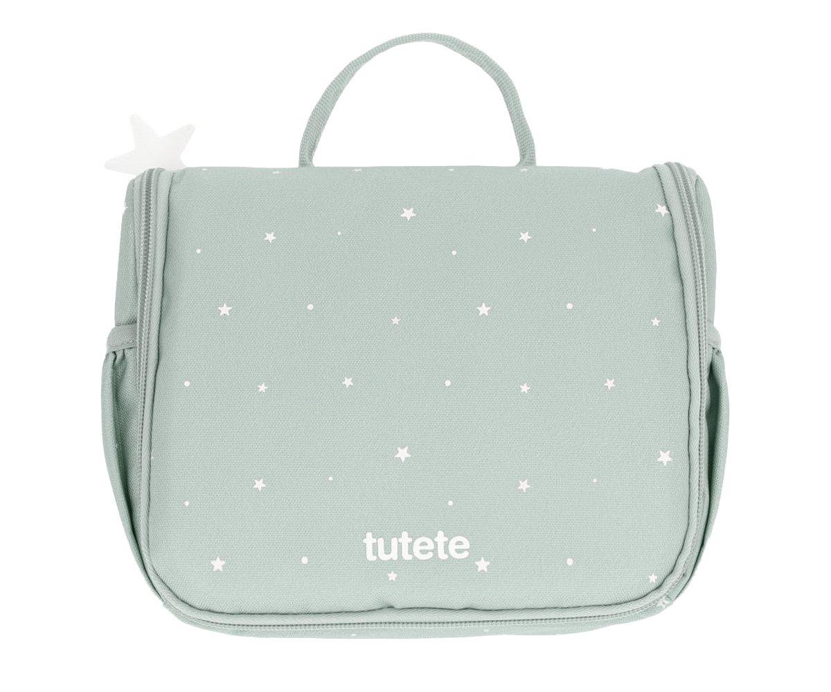 Bolsa organizadora verde-água com estrelas brancas e logo tutete