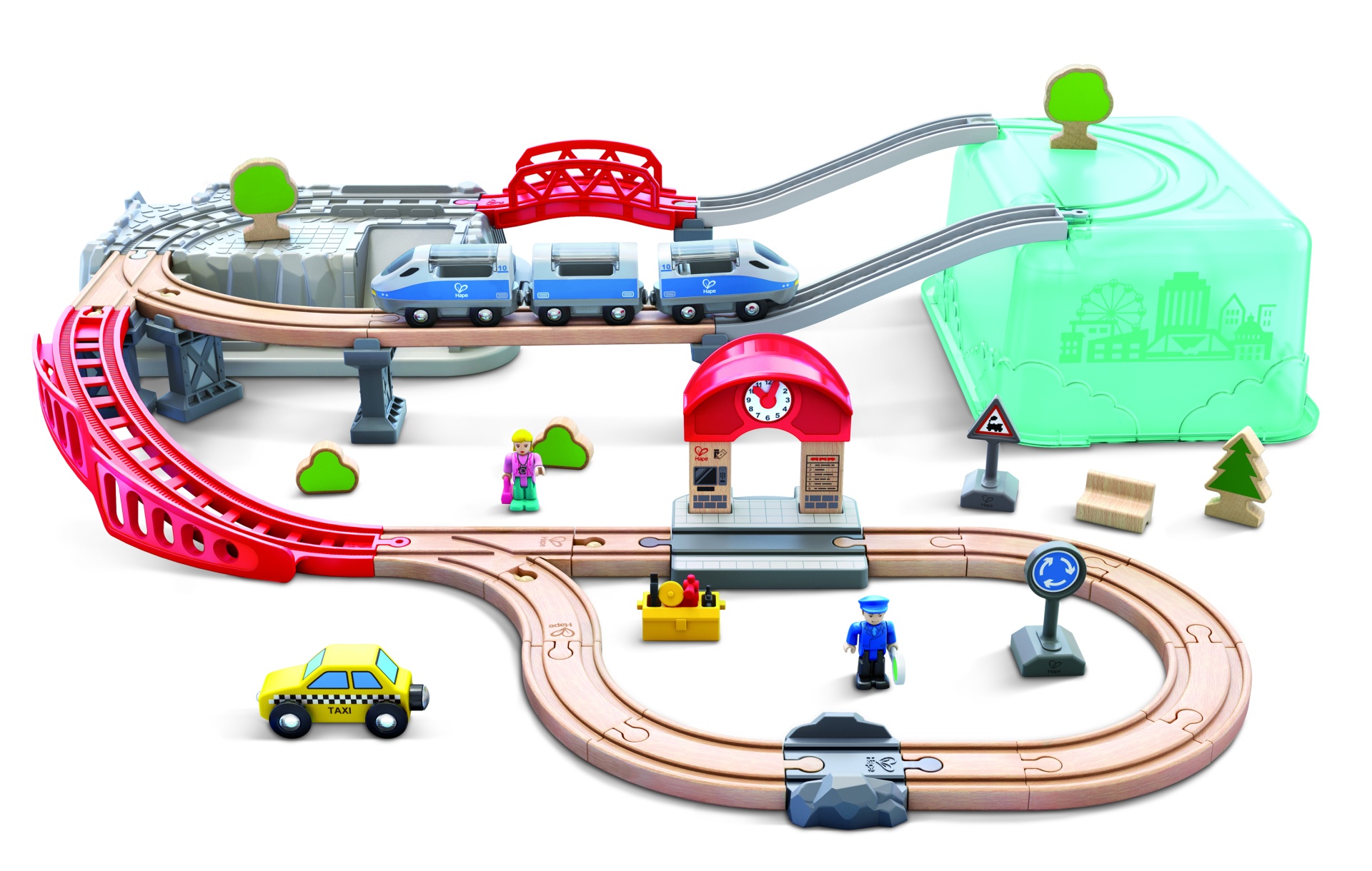 Conjunto de pista de comboio de madeira com comboio azul, estação vermelha e acessórios coloridos