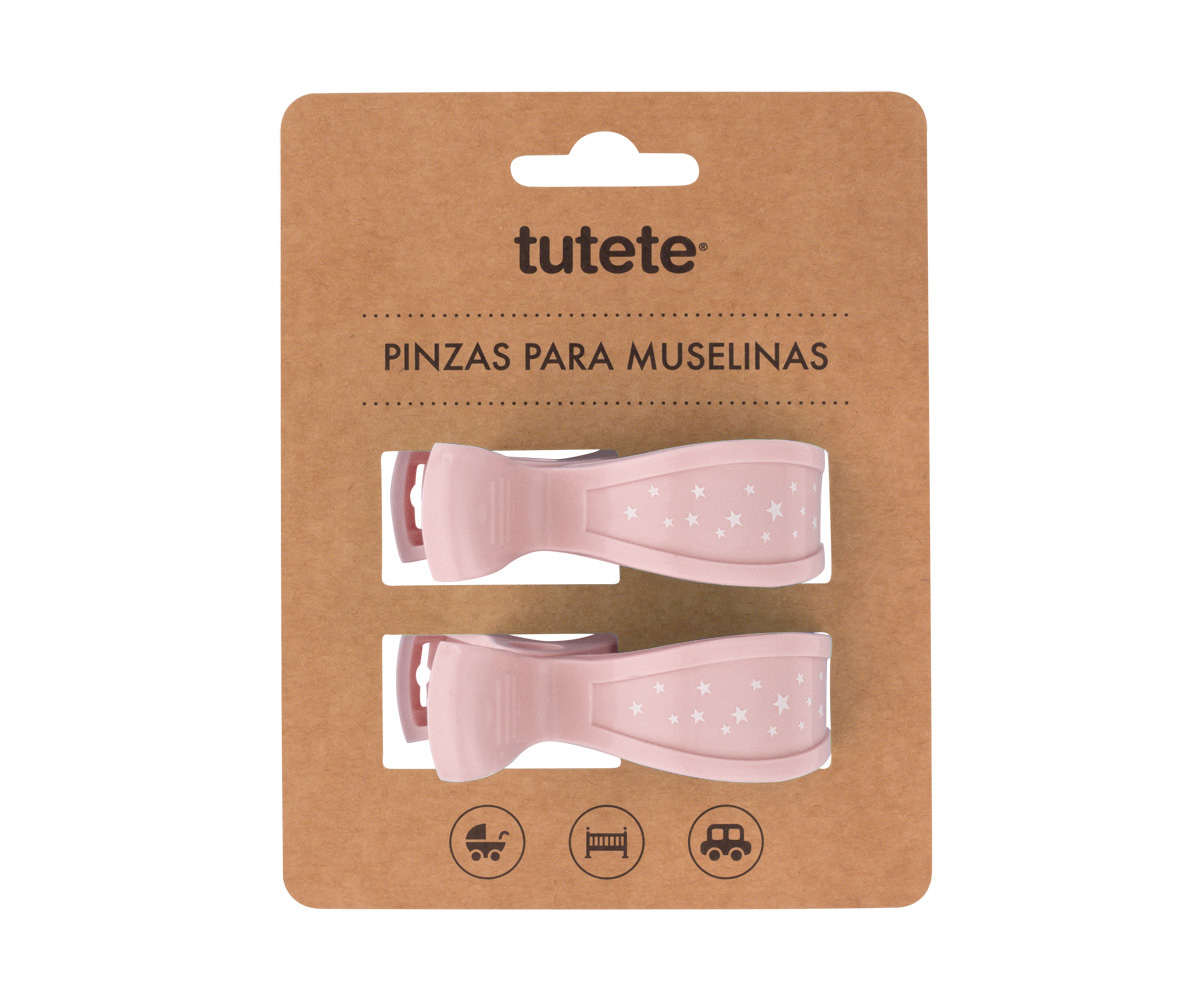 Pinças para muselinas rosa claro da marca Tutete em cartão castanho.