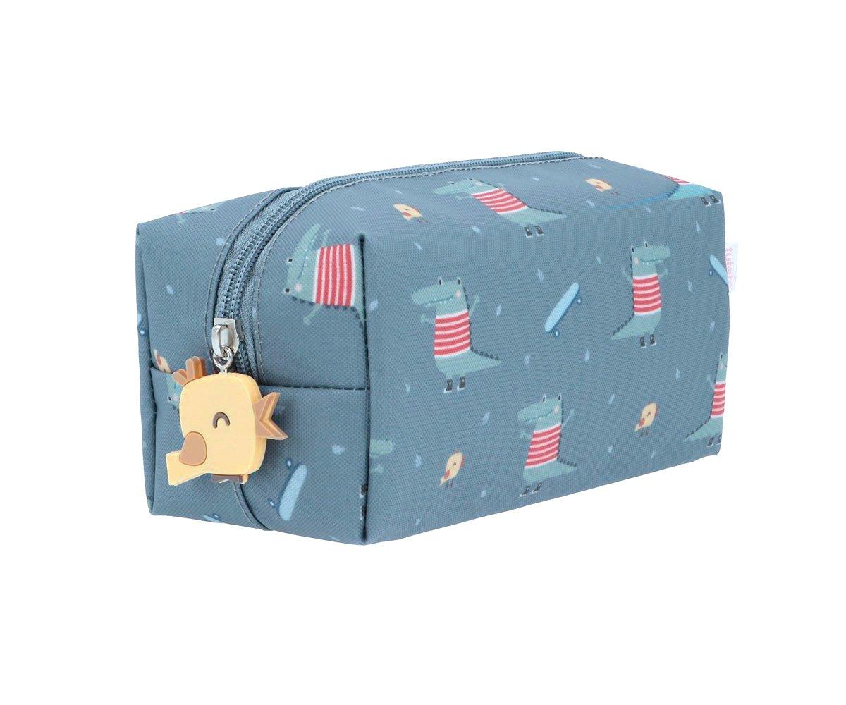 Estojo azul com padrão de hipopótamos às riscas e puxador amarelo