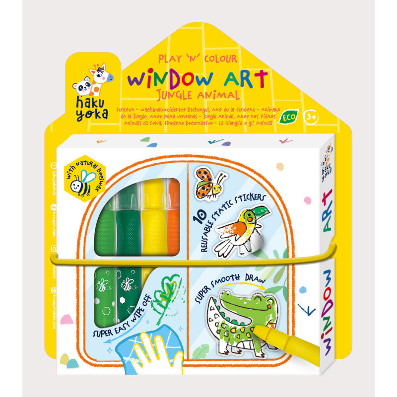 Conjunto de arte para janelas com autocolantes de animais e tintas coloridas na embalagem amarela