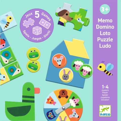 Conjunto de jogos infantis Djeco com puzzles, fichas de animais e spinner colorido sobre fundo lilás e azul