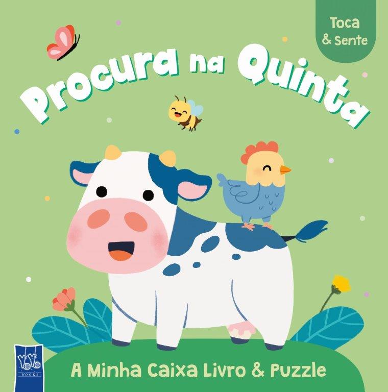 Capa colorida com vaca, galinha e texto 'Procura na Quinta', 'A Minha Caixa Livro & Puzzle'