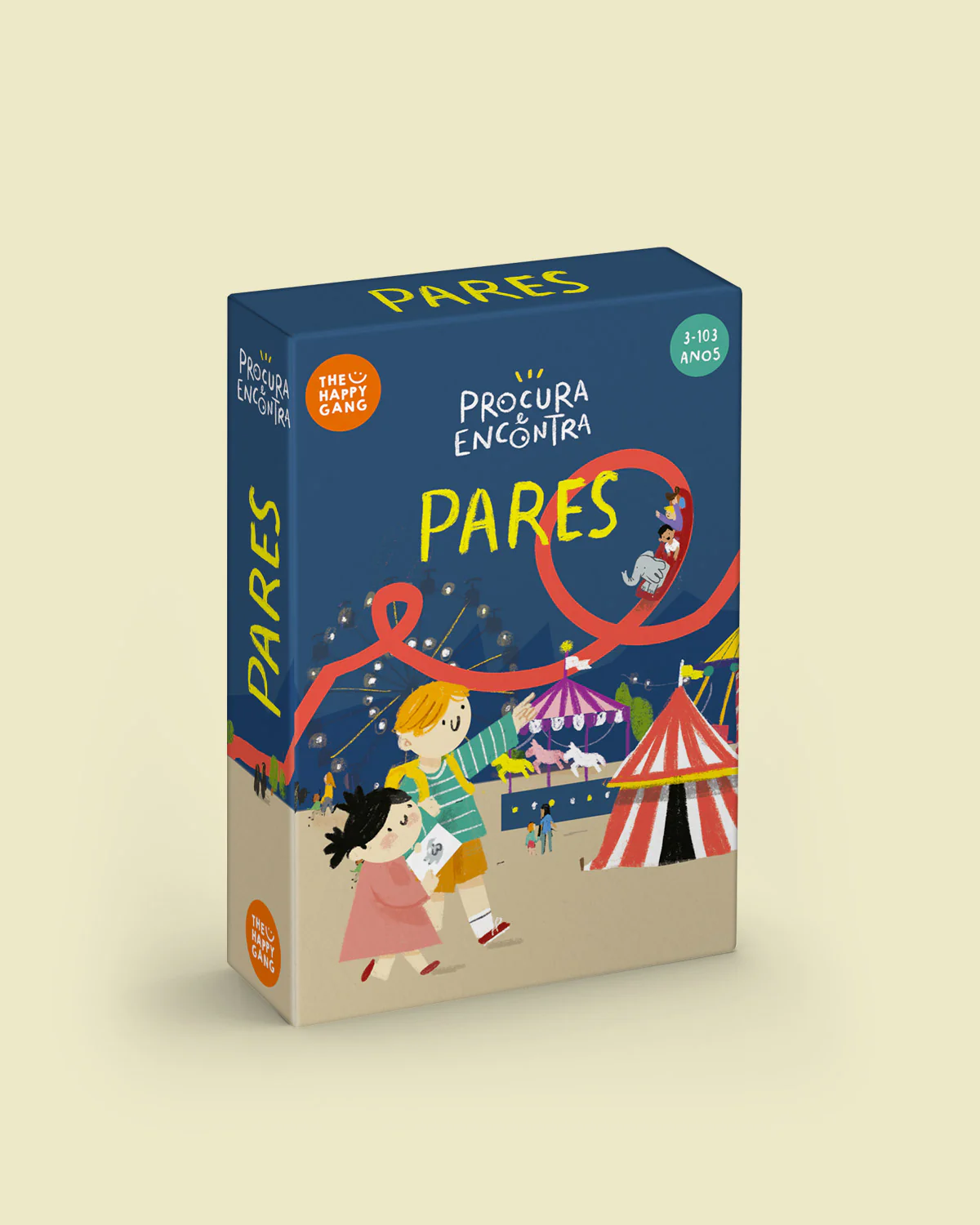 Jogo de cartas 'Procura e Encontra PARES' com ilustração colorida de parque de diversões