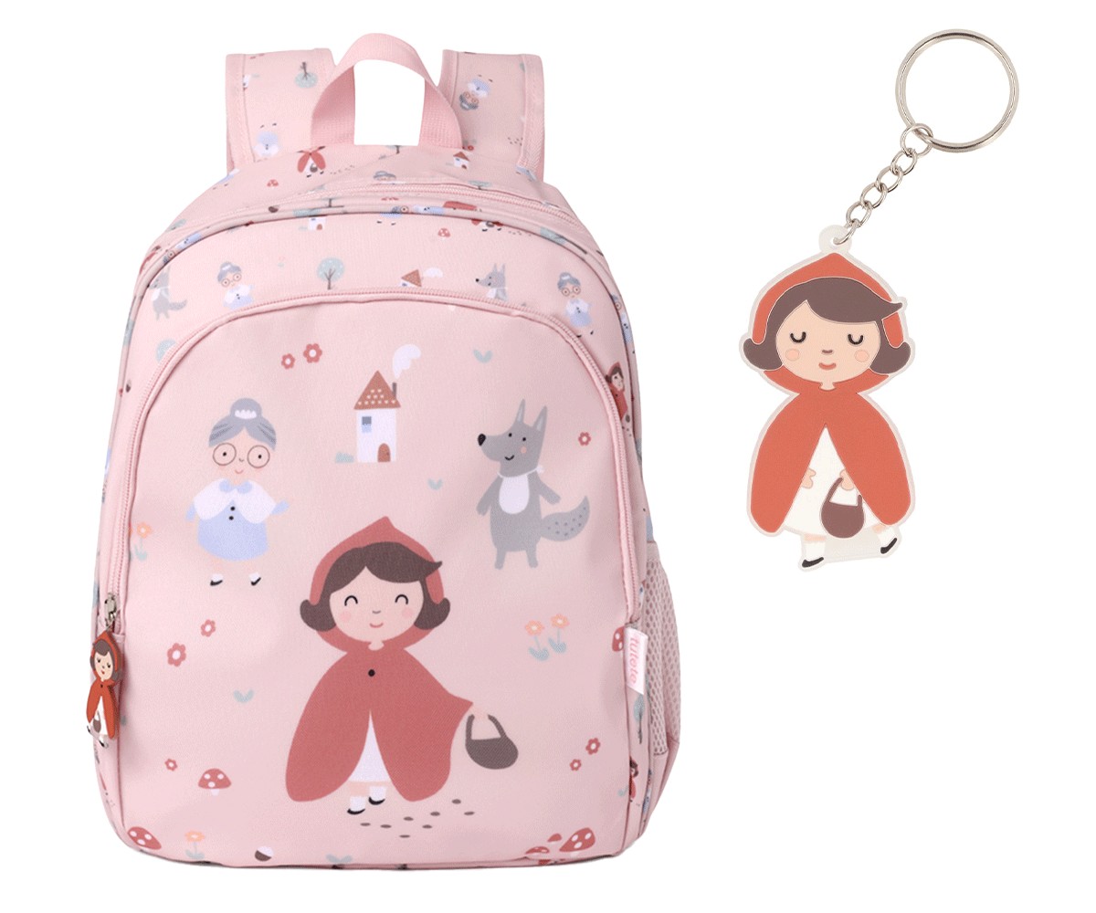 Mochila infantil rosa com desenho da Capuchinho Vermelho e porta-chaves