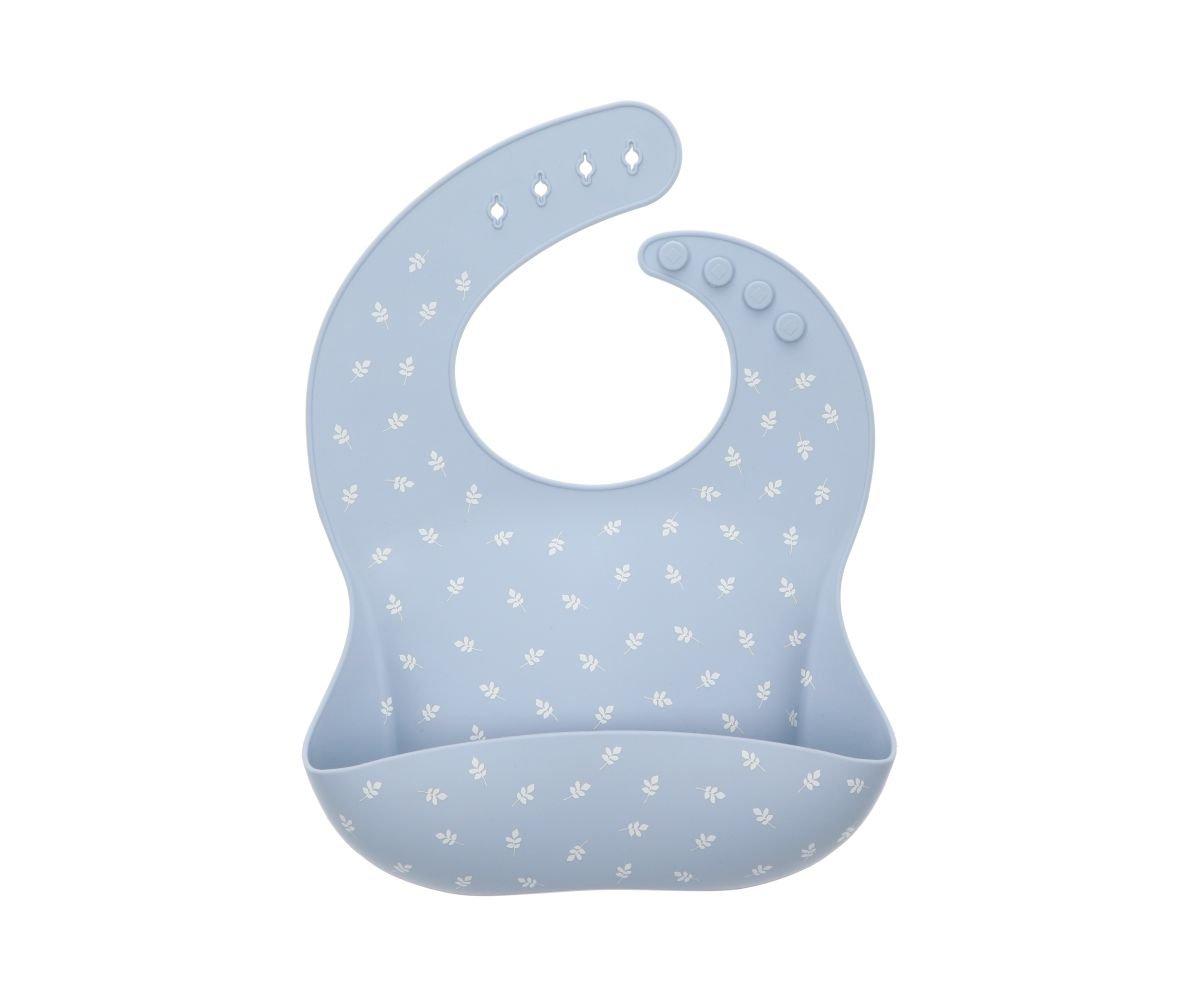 Babete infantil em silicone azul com padrão de folhas