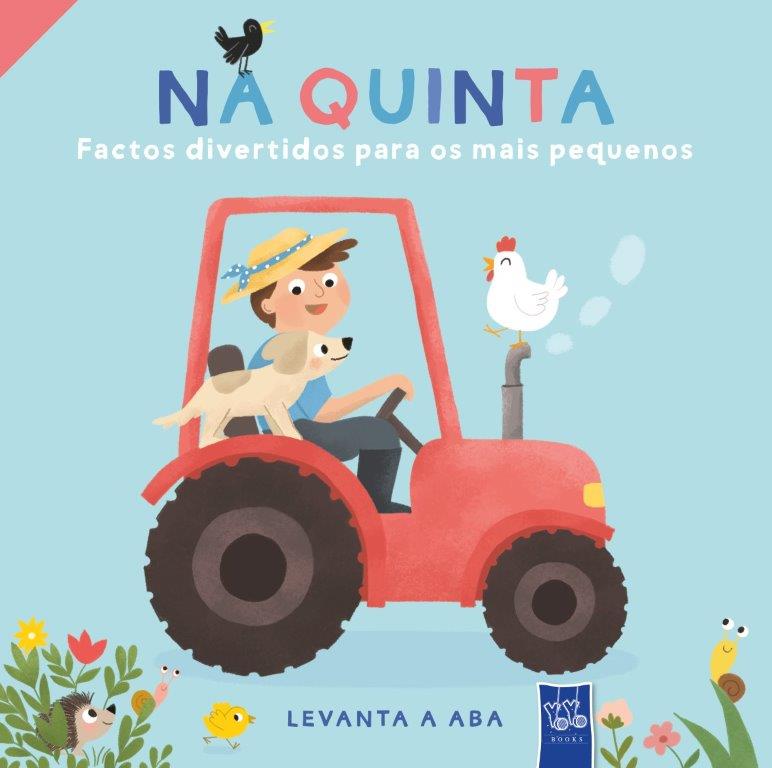Ilustração de menino com cão num trator vermelho e animais em fundo azul com texto em português.
