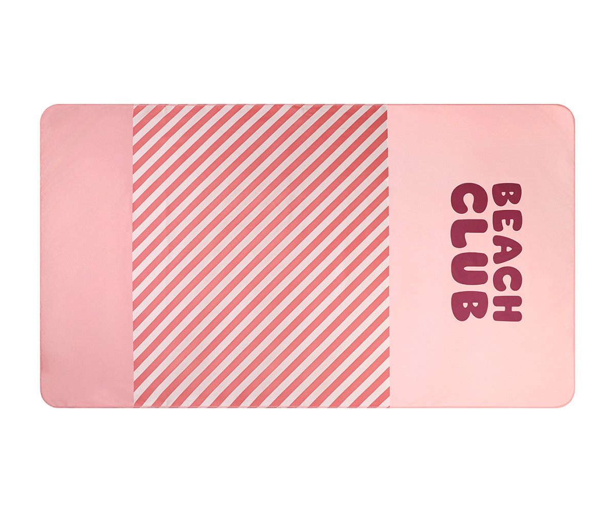 Toalha de praia rosa e vermelha com texto Beach Club