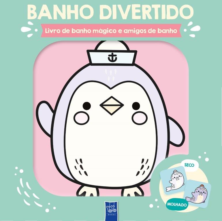 Ilustração de pinguim marinheiro com texto Banho Divertido e imagens de foca seca e molhada