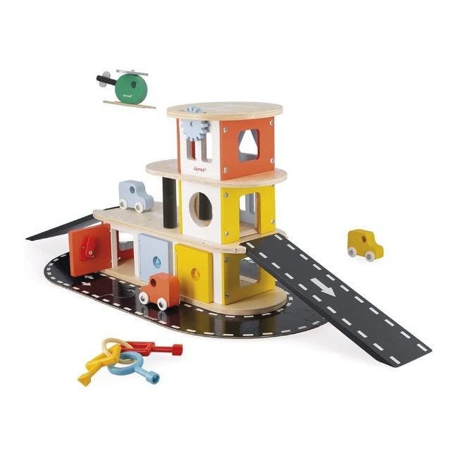 Brinquedo de garagem de madeira com rampas e carros coloridos