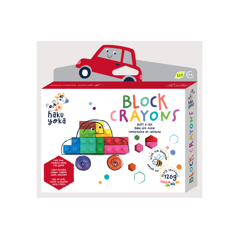 Embalagem Block Crayons Haku Yoka com blocos coloridos em forma de carro e imagem de carro vermelho