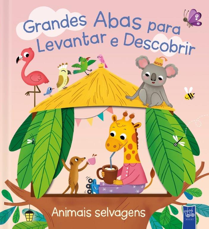 Capa de livro infantil colorida com animais selvagens numa cabana e texto promocional em português.