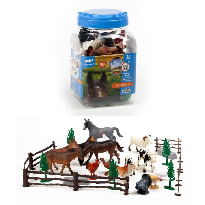 Brinquedos de animais de fazenda e acessórios num recipiente plástico com tampa azul