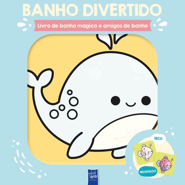 Capa de livro de banho infantil com ilustração de uma baleia e texto em português