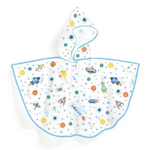 Poncho infantil com capuz branco e estampa de foguetes e planetas