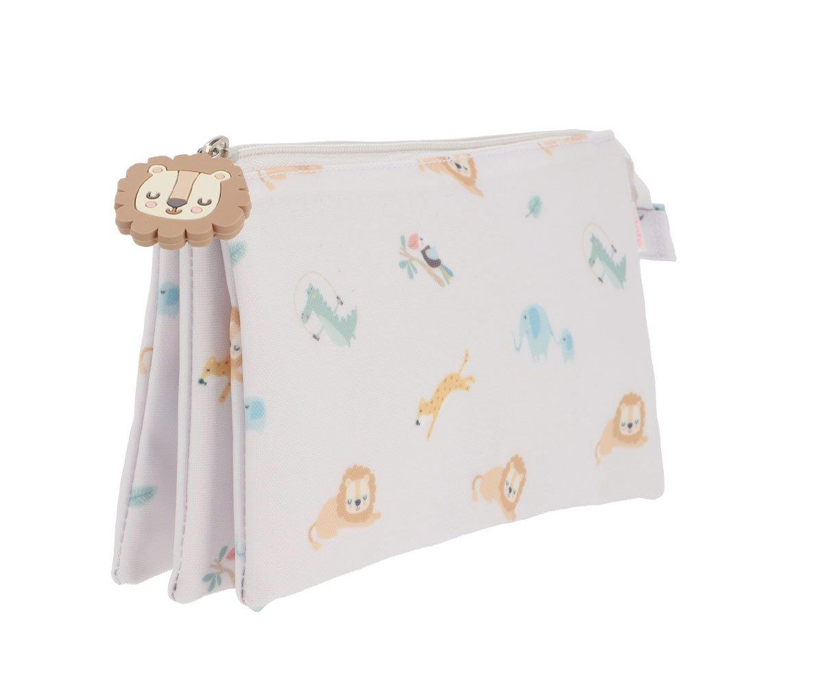 Necessaire branca com padrão de animais e puxador de leão